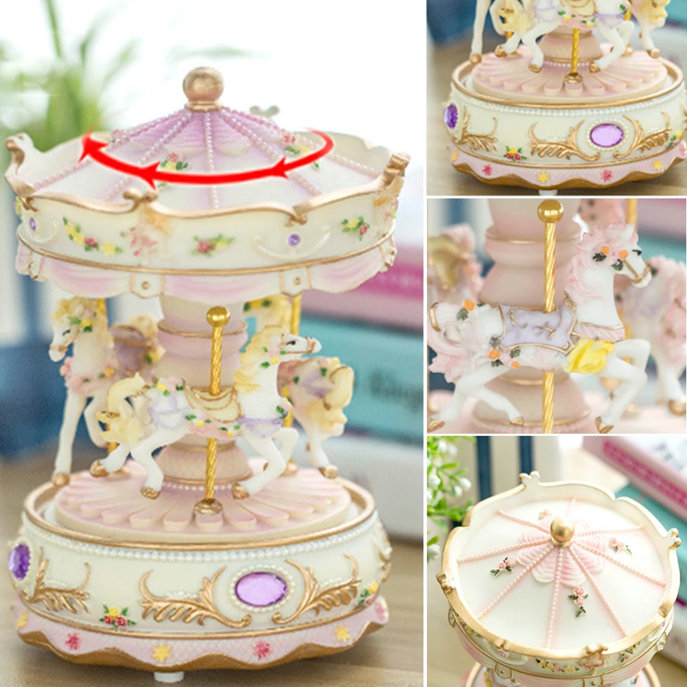

Music Box Resin Clockwork Mechanism Color Changing Home Birthday Luxury Carousel Toys Handwork LED Light Swivel Valentine's Day