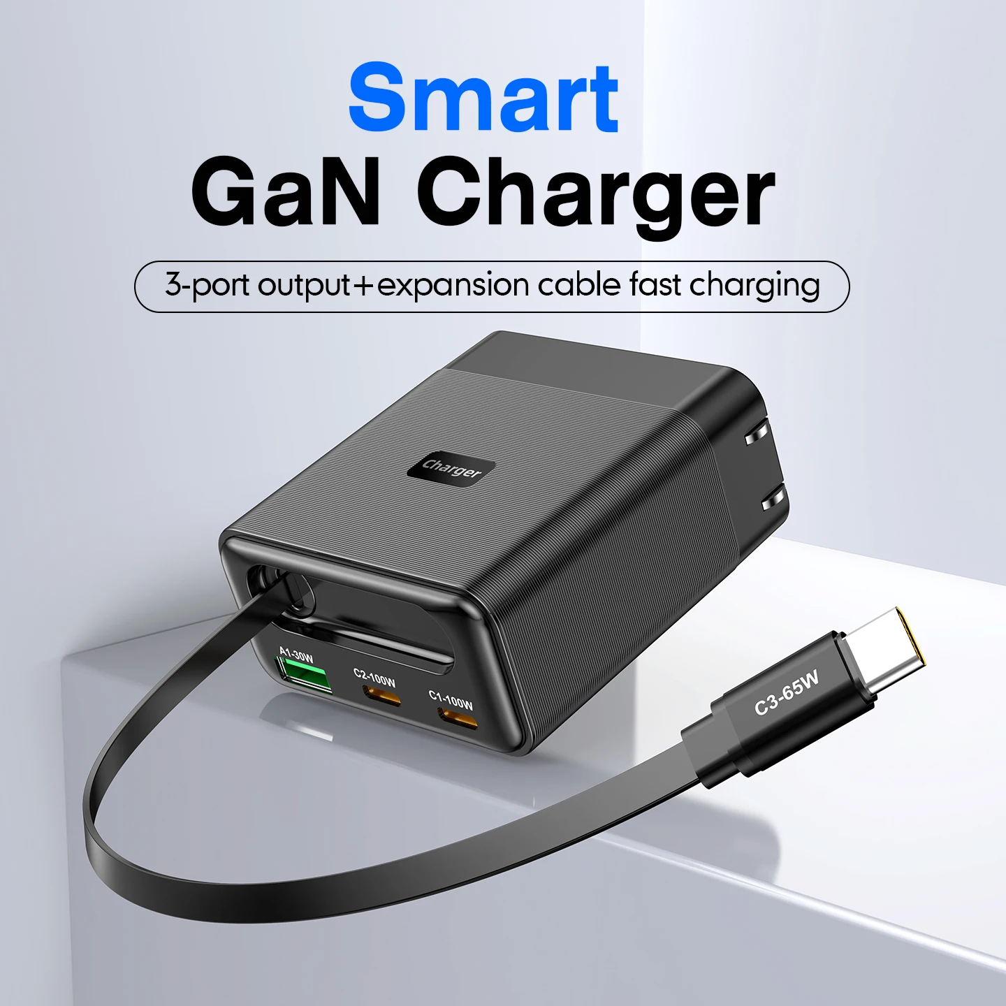 Фото AIXXCO GaN 100W 3-портовое зарядное устройство USB-C PD QC3.0 с кабелем 65W, адаптер для быстрой зарядки с вилкой EU/US, дорожный адаптер для iPhone 17 16 №5