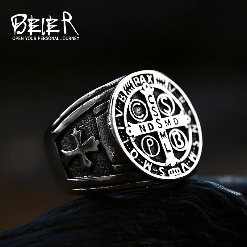 Beier 316L Stainless Steel Letter faith cross Jesus St. Benedict's Exorcism for men  wholesale ring fashion  jewelry LR623