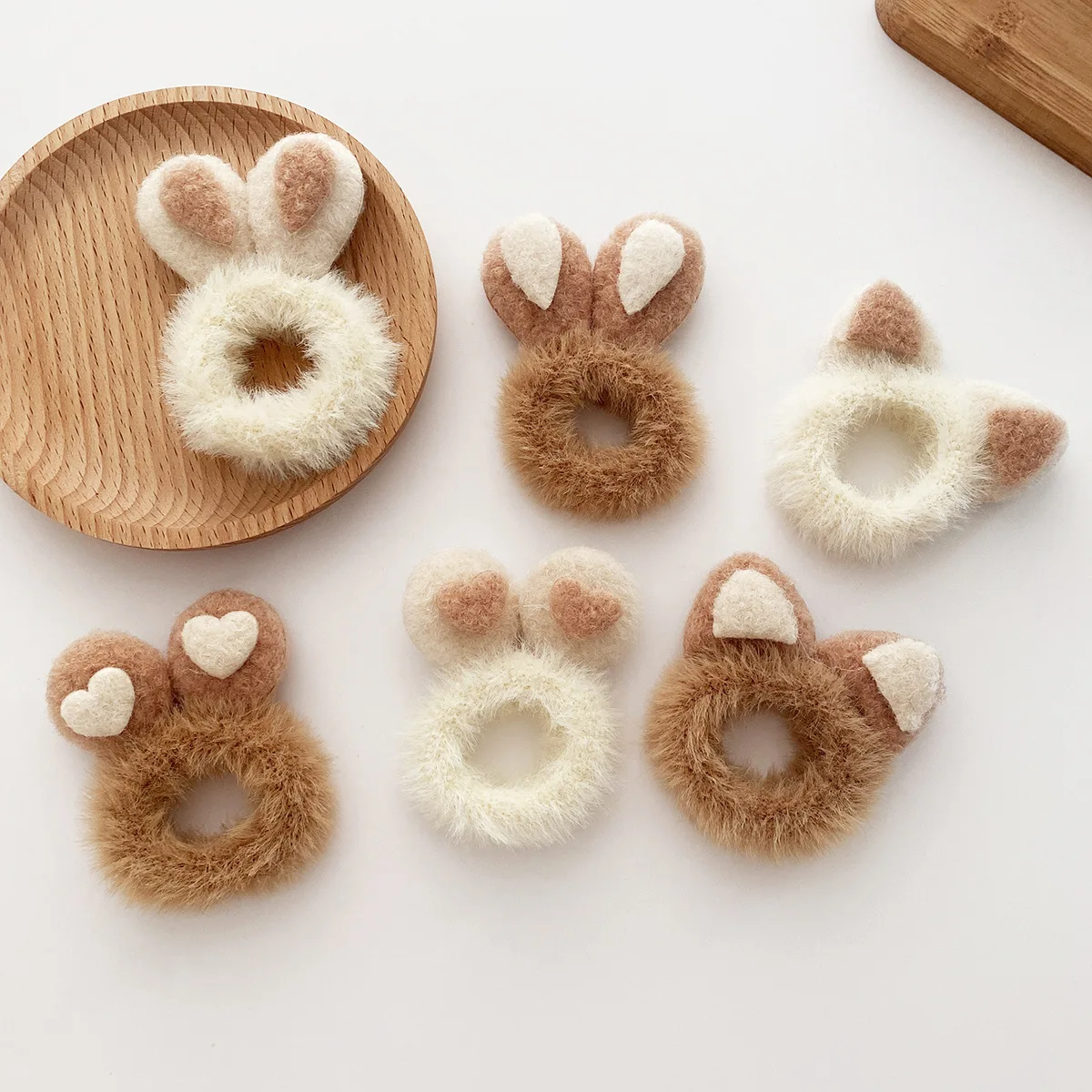 

20 Pairs/Lot, Cartoon Cat Ear Bunny Elastic Hair Bands Girls Ponytail Hair Holder Coffee Warm Color Barrettes Faux Fur Rubber