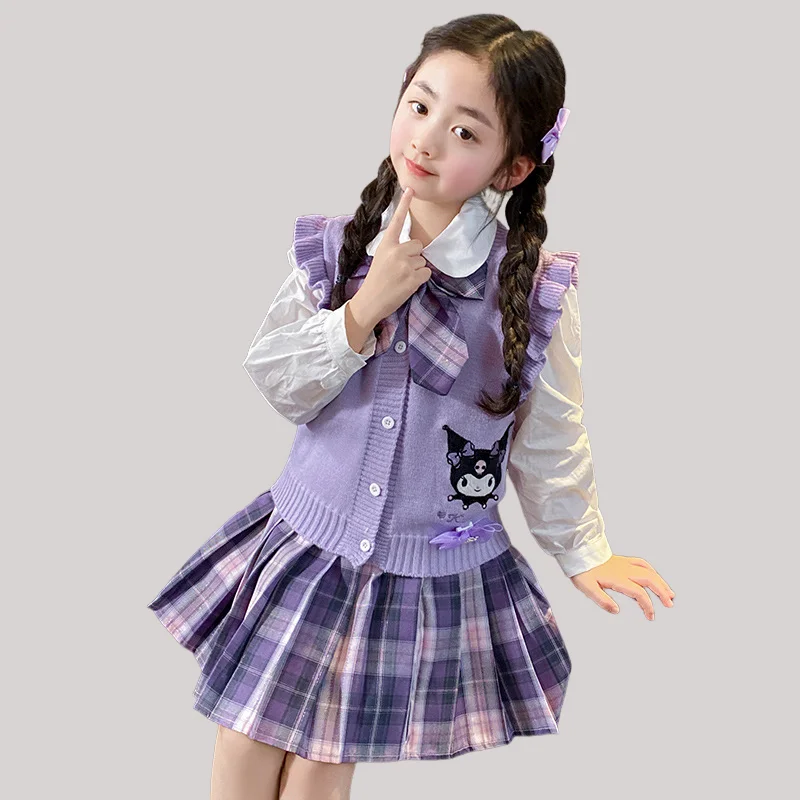 Горячая плиссированная юбка Sanrio Girl Princess Dress Jk Вязаный жилет Комплект из четырех