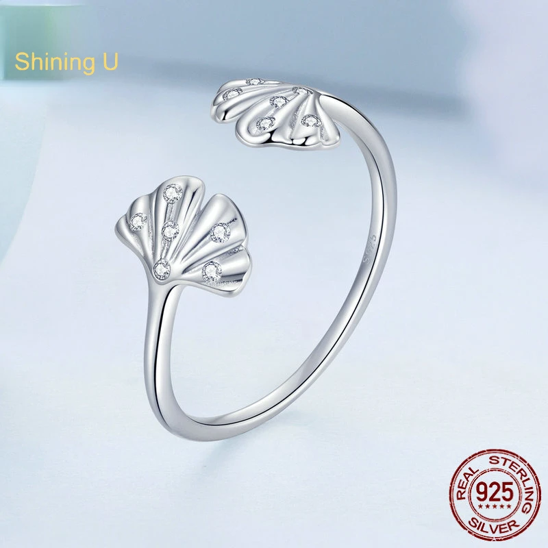 

Shining U S925 Silver Ginkgo Leaf Ring Zircon Fine Jewelry Open Ring for Women Gift SUR284