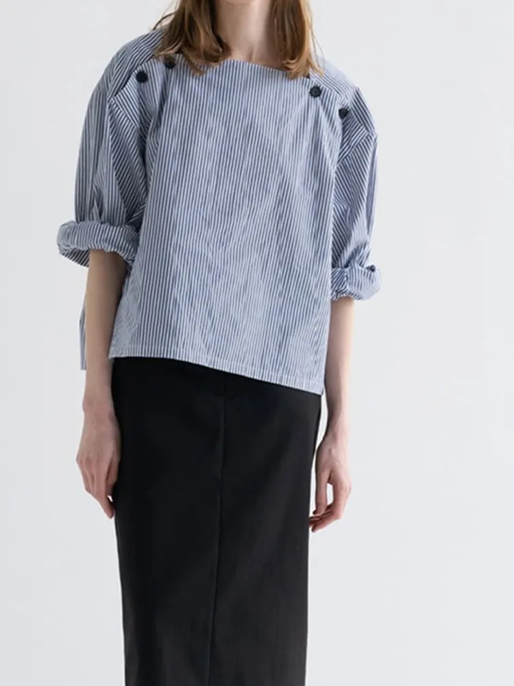 

Women Blouse Striped Square Neck Drop Shoulder Long Sleeve Buttons Sweet Shirt