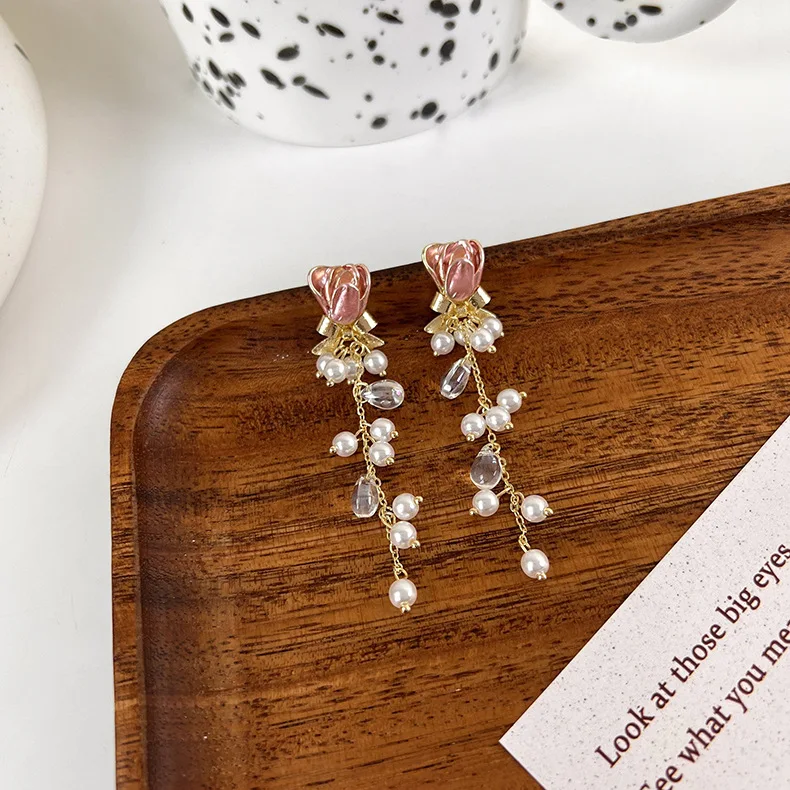 

Korean New Pink Flower Bowknot Simulated Pearl Tassel Long Earrings For Women Fashion Jewelry Crystal Oorbellen Voor Vrouwen