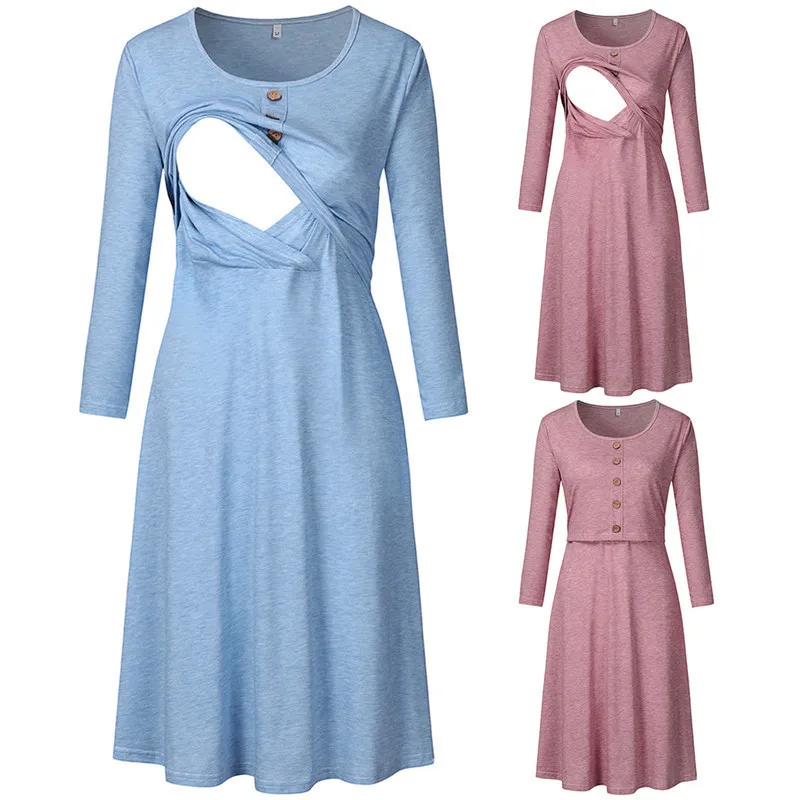 New Round Neck Long Sleeve Maternity Dress Button-Decorated Nursing Dress Vestidos De Mujer Casual Pregnancy Clothes Vestidos