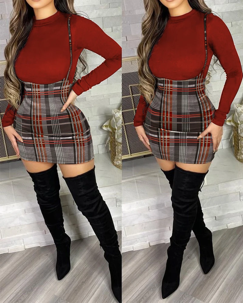 

Skirt and Top Set Women Two Piece Outfits Sweet Outfits Stretch Red Shirts Plaid Short Bodycon Slip Dress Wholesale Dropshipping