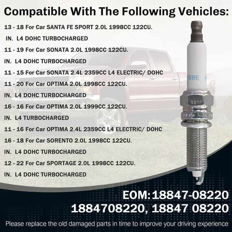 4 шт. автомобильные свечи зажигания 18847-08220 1884708220 Для Hyundai Santa Fe Sport Sonata Kia 2.0L Turbo/2.4L