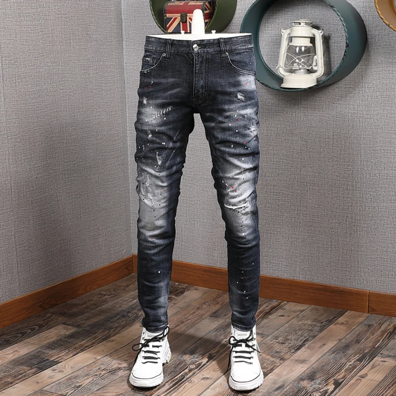 Italian Style Vintage Fashion Men Jeans Retro Black Blue Stretch Slim Fit Ripped Jeans Men Painted Designer Brand Pants Hombre