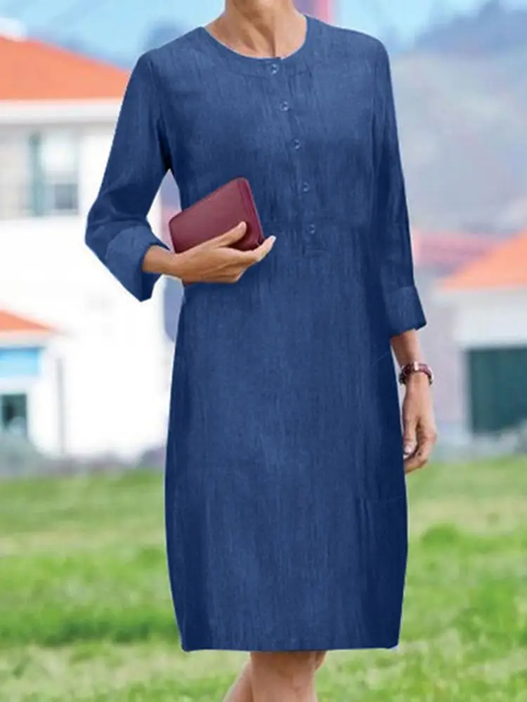 

ZANZEA Vintage Long Sleeve Vestido Women Denim Long Dress Causal Loose Crewneck Midi Dresses 2023 Autumn Buttons Solid OL Robes