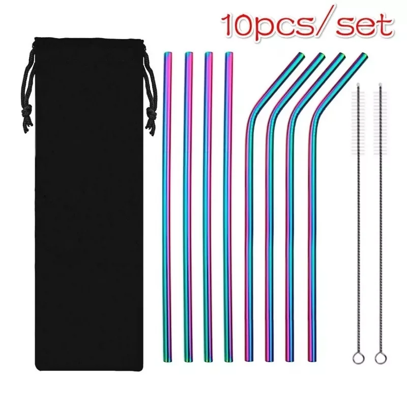 

10 Pcs Metal Reusable 304 Stainless Steel Straws Straight Bent Drinking Straw with Case Cleaning Brush Set Party Bar Accessory