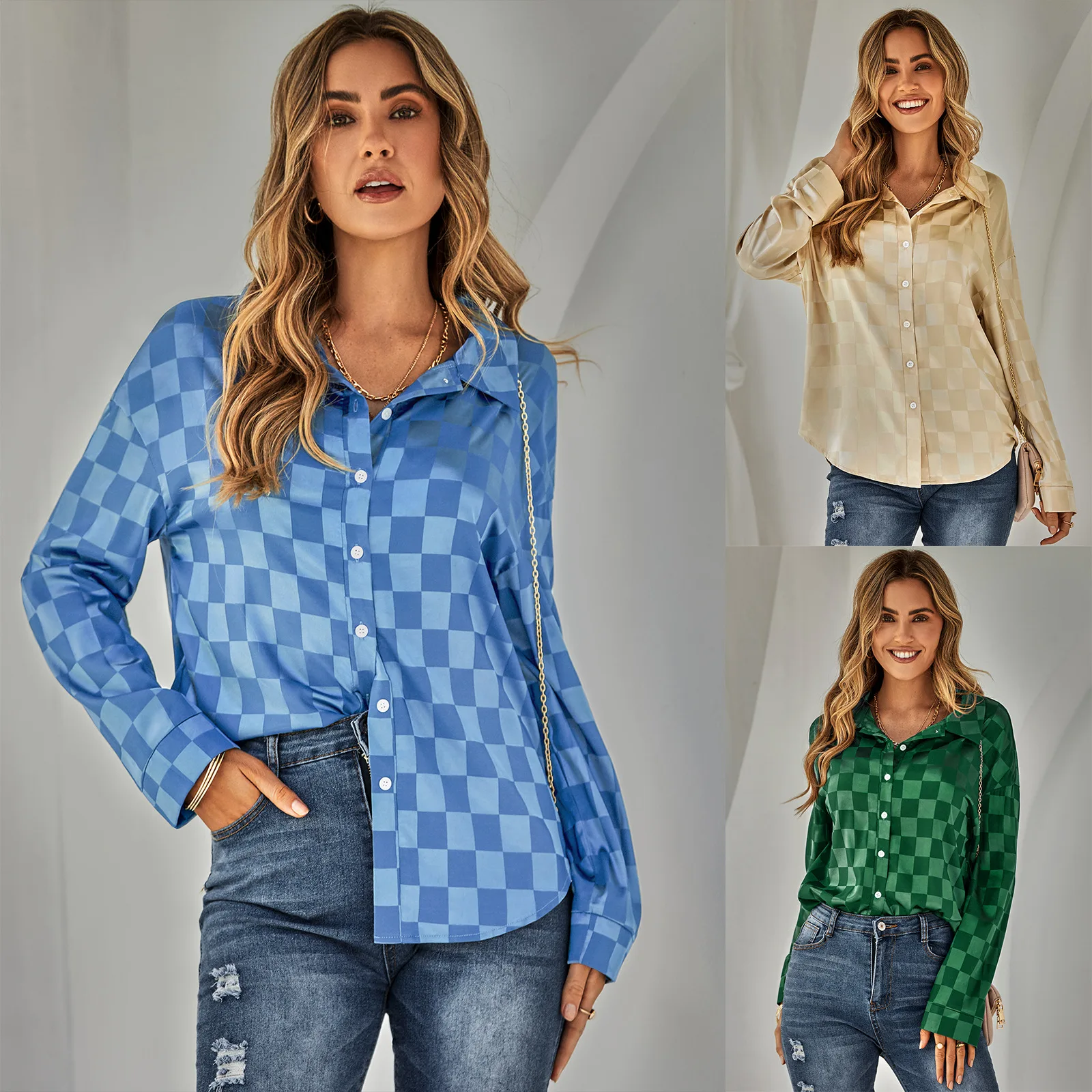 

DUIYT Fashion Single Breasted Checkerboard Jacquard Shirt Spring/Autumn New Women's Casual Long Sleeve Lapel Top Shirt