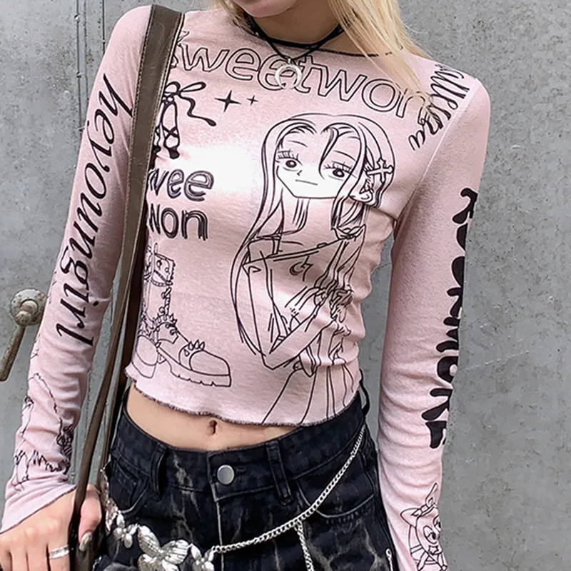Drip Print Slim Fit Long Sleeve T-Shirt, Crop Top Autumn , Showing Off The Midriff, Perfect for A Youthful and Energetic Look