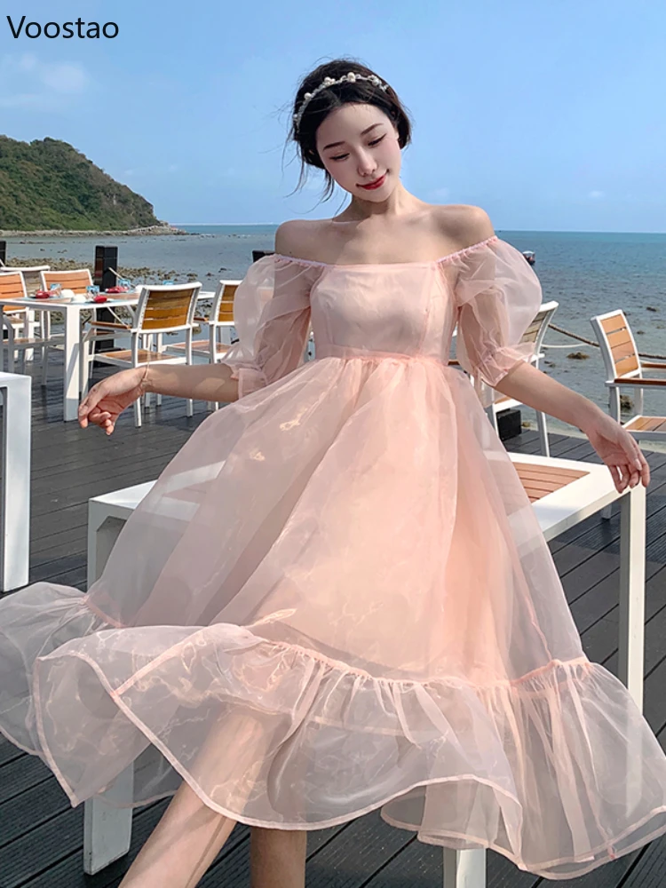 

Женское милое розовое платье принцессы, элегантное шикарное платье из органзы с квадратным вырезом и пышными рукавами, праздничное пляжное...