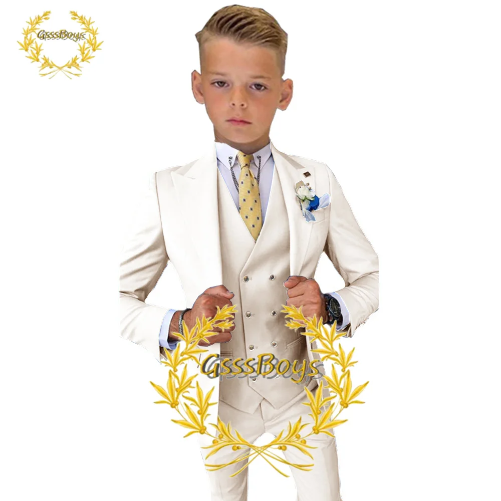 Boys Suit 3 Piece Casual Wedding Tuxedo for Kids Slim Fit Formal Clothes (Blazer + Pants + Vest) Custom Child Jacket Set