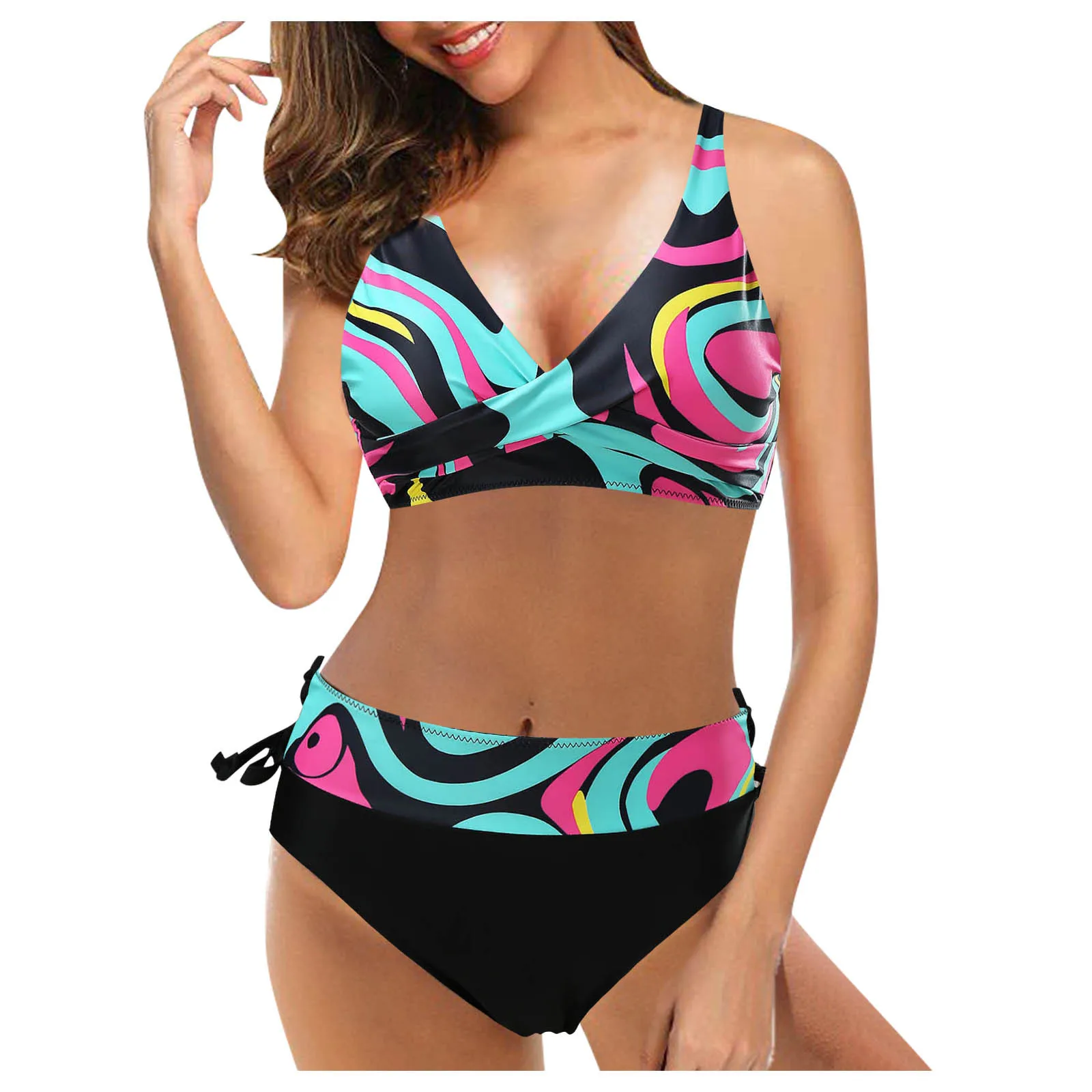 

Two Bikini Swimsuit Print High Set Piece Women Ruched Retro Vintage Halter Waist Swimwears women's beach swimming trunks