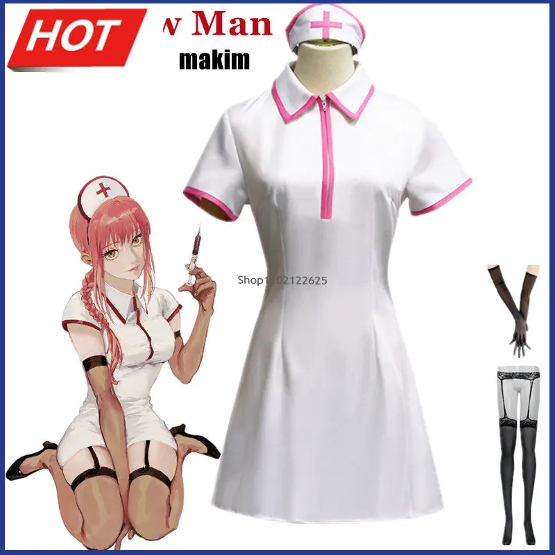 

Аниме бензопила, мужской макима, мощность костюм медсестры для косплея, сексуальная униформа, чулки, перчатки, одежда для Хэллоуина и карнав...