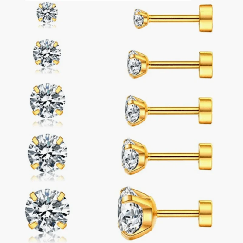 Male Female Universal Earrings Round 3A Double Zircon Earrings Titanium Steel Round Stainless Steel Fine Needle Earrings Set