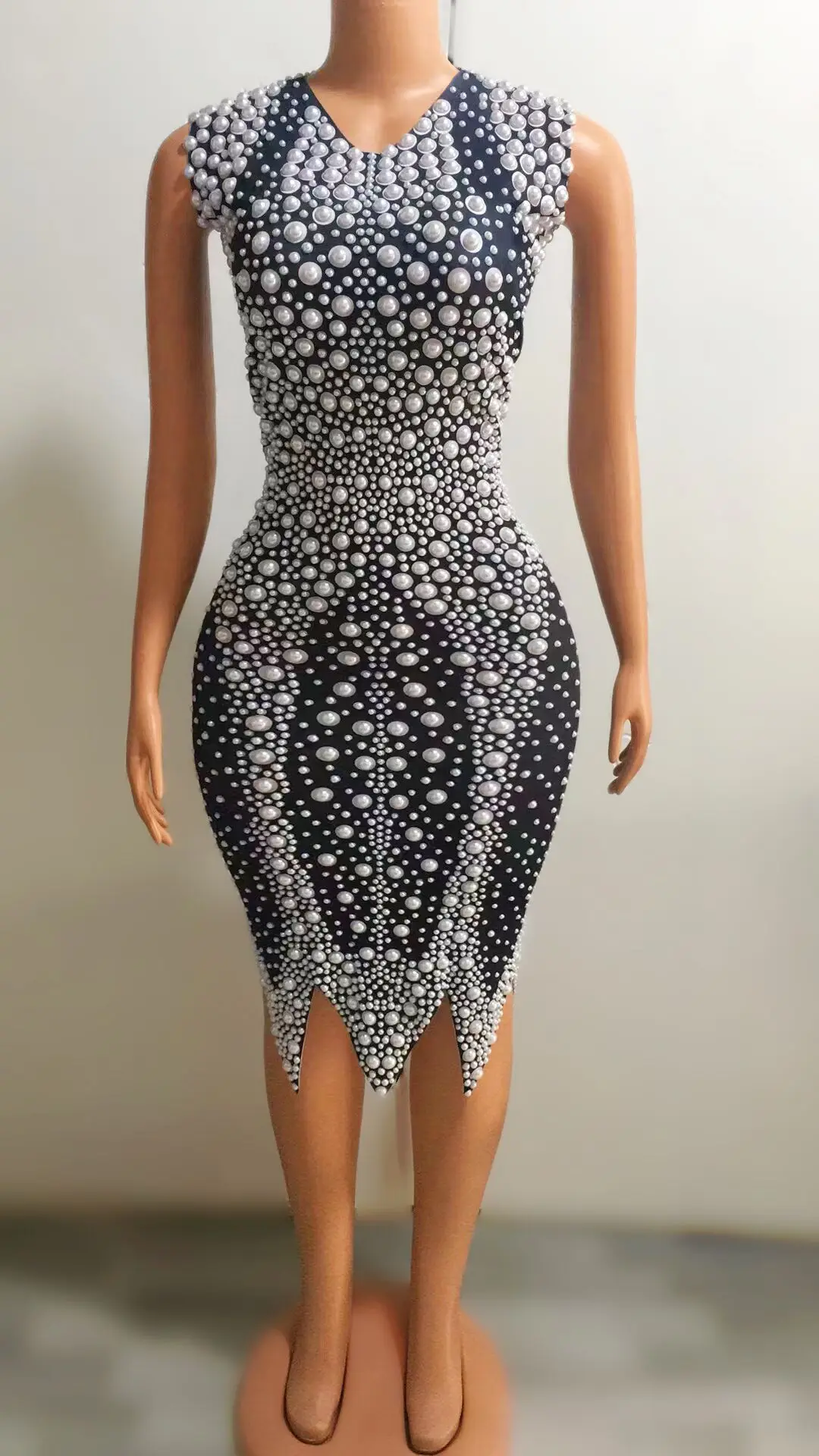 

Платье женское из спандекса с жемчугом, пикантный вечерний костюм на день рождения, без рукавов, для шоу, певицы, ночного клуба, праздничное платье
