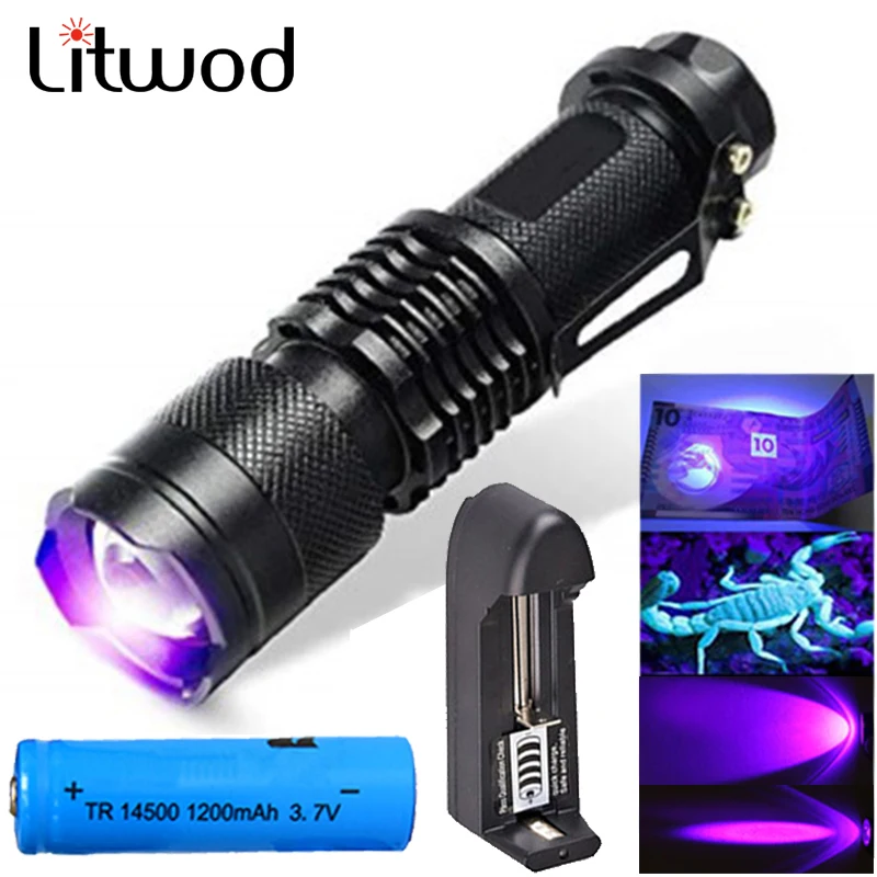 

UV LED Flashlight Ultraviolet Torch Zoomable Mini UV Black Light Pet Urine Stains Detector Scorpion Hunting Use 14500 Battery