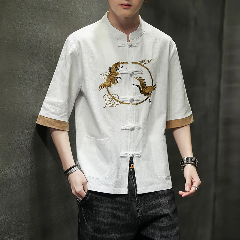 

Платье китайское традиционное летнее с вышивкой размера плюс Crane, рубашка мужская, одежда Харадзюку, топы большого размера с коротким рукавом