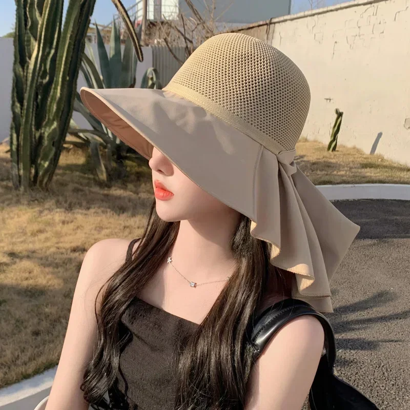 

Summer Women Bucket Hat with Shawl Lightweight Breathable Mesh Face Neck Protection Sun Hat Bow Pleat Design Travel Beach Cap