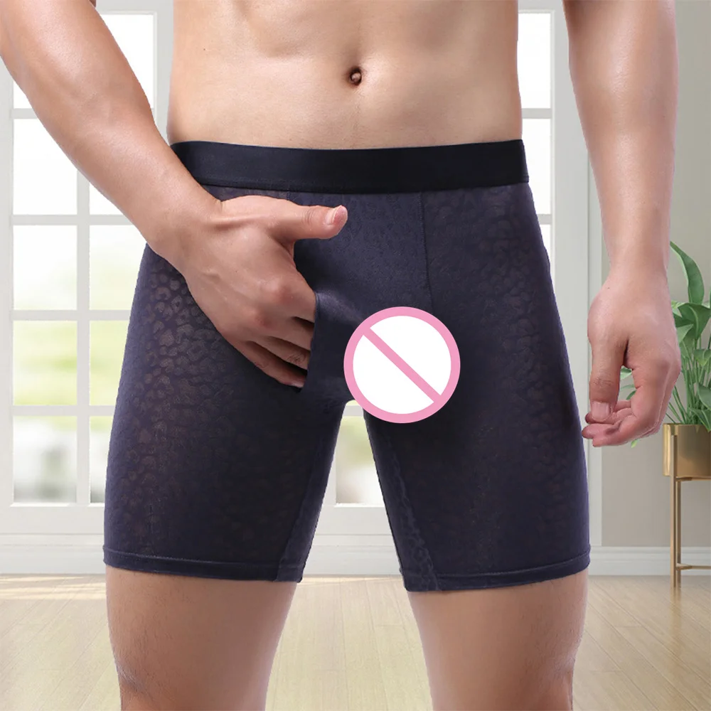 

Long Leg Boxer Shorts Men Ice Silk Underwear Breathable Boxershort Man With Penis Pouch Open Fly Elastic Physiological Underpant