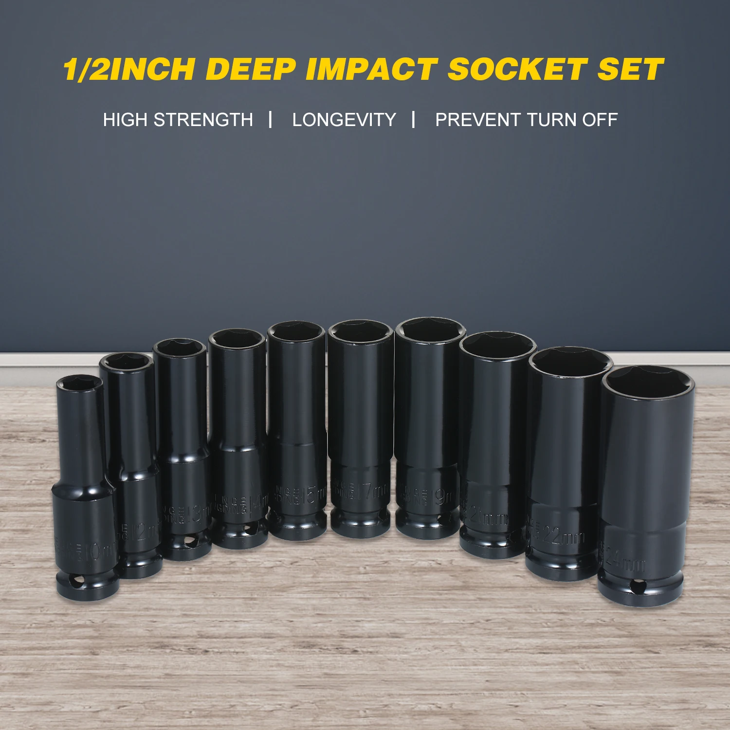 

1/2Inch Drive 6-Point Impact grade 45# steel Hex Sockets Set 10-Piece Metric Sizes 10-24mm Carbon Steel with Hard Storage Box