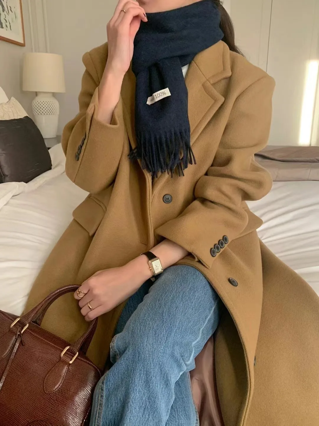 

Женское однобортное шерстяное пальто, элегантное теплое Свободное пальто с длинными рукавами и карманами, Q809B