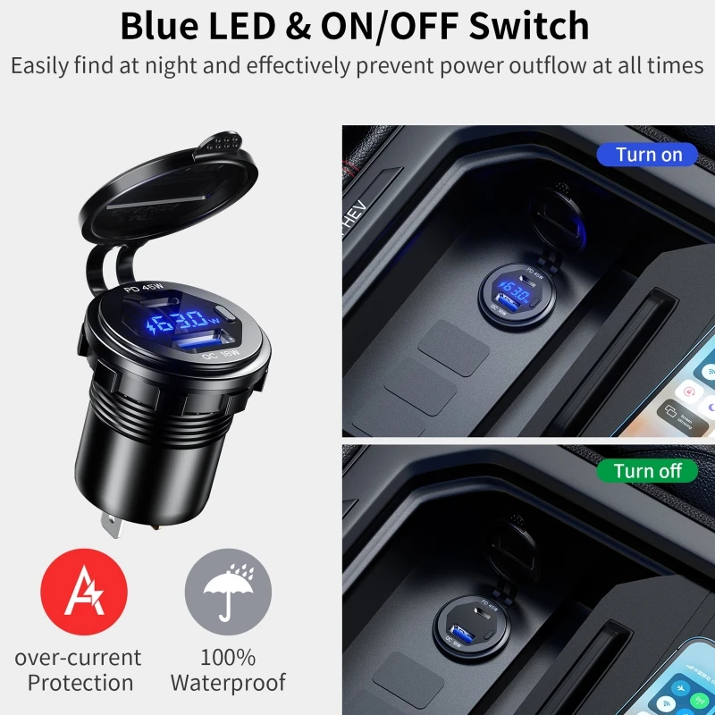 

Metal 45W USB CType C PD + 18W QC3.0 USB Fast Car Charger with Voltage/Power Display for SUV Motorcycle Truck Boat ATV
