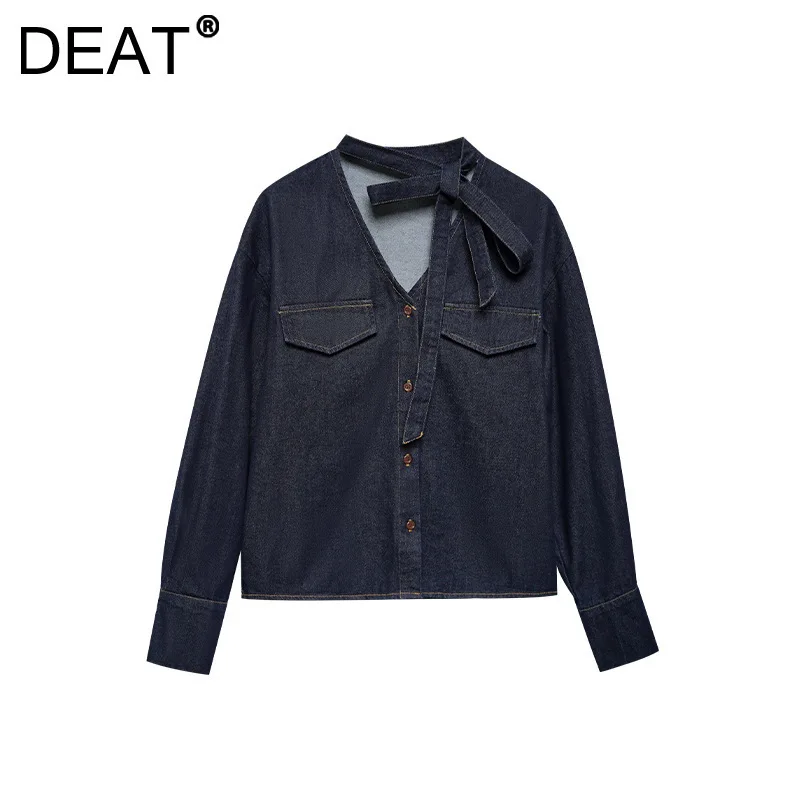 DEAT женская лоскутная блузка на шнуровке темно-синяя винтажная с высокой талией и
