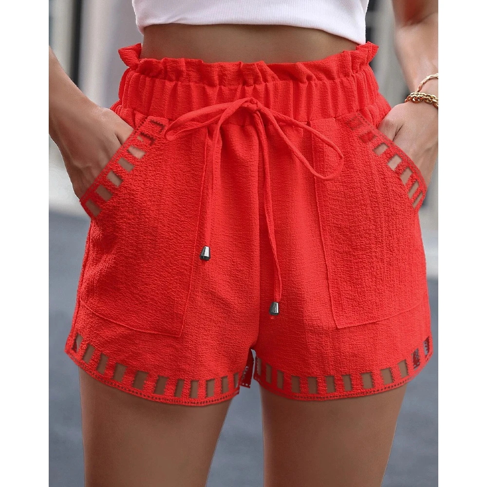 Korean Style Women Ruched High Waist Belted Shorts Female Casual Elegant 2023 Summer Fashion Hollow Out Pocket Design Hot Pants