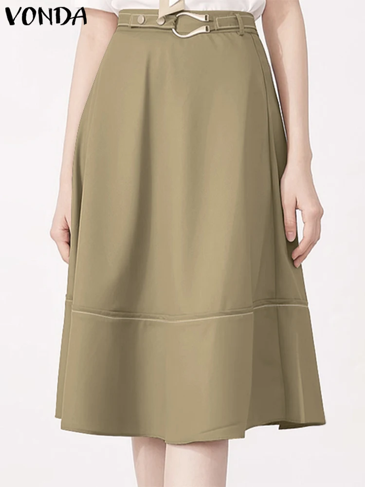 

VONDA Fashion Autumn Women High Waist Midi Skirts Elegant OL Skirts With Belt Solid Color Party A-Line Bottoms Vintage Skirts