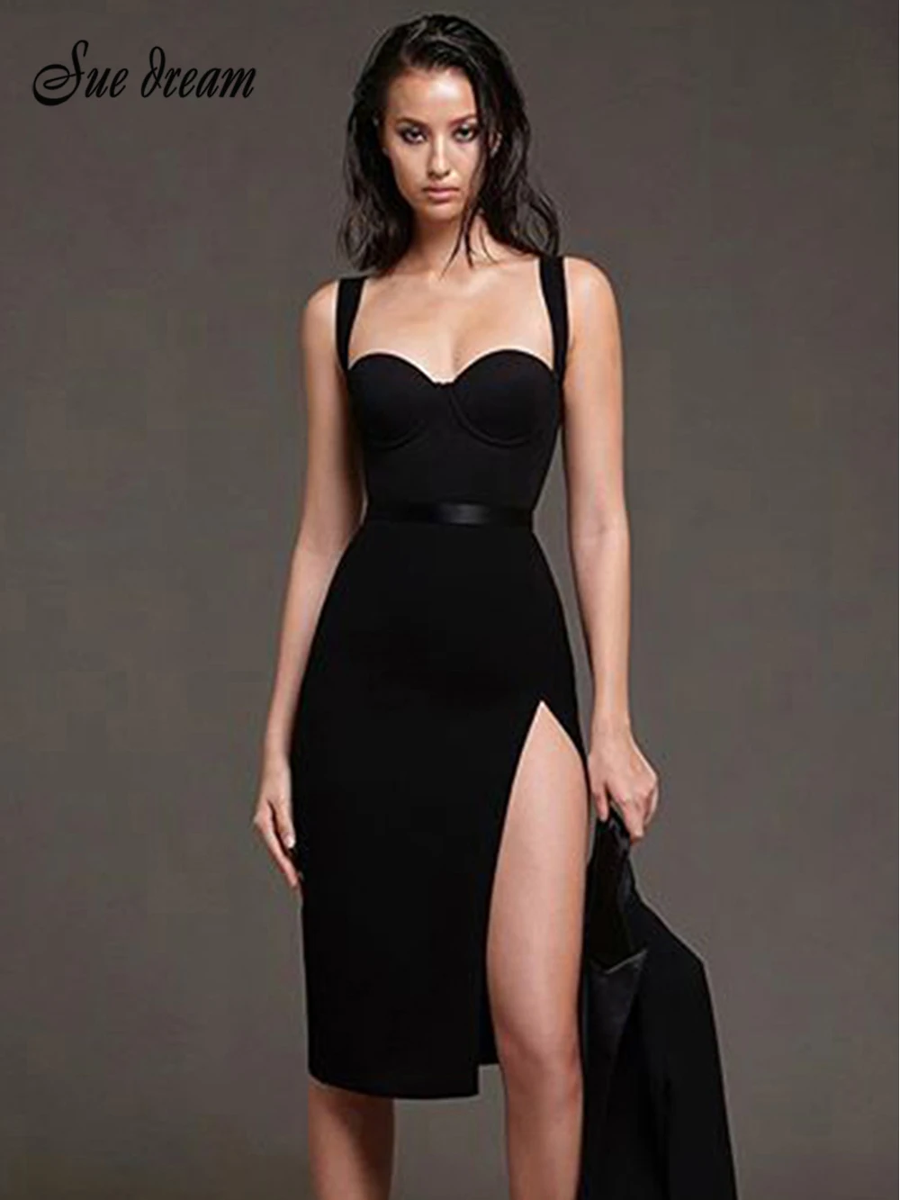 

2021 Summer New Ladies Sexy Side Slit Bodycon Black Spaghetti Tight Bandage Dress Nightclub Party Dress