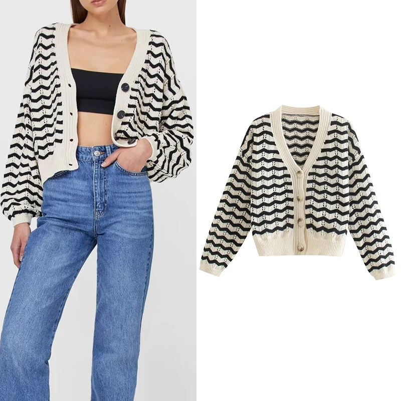 

2022 Autumn Women Fashion Wavy Cutout Knitted Cardigan Versatile Long Sleeve Single-breasted V Neck Short Outerwear XQJ9544