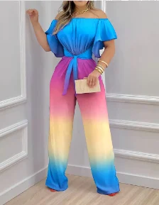 

2022 Summer Woman Plain Chic Elegant Ombre Off the Shoulder Tied Detail Short Sleeve Long Work Jumpsuit