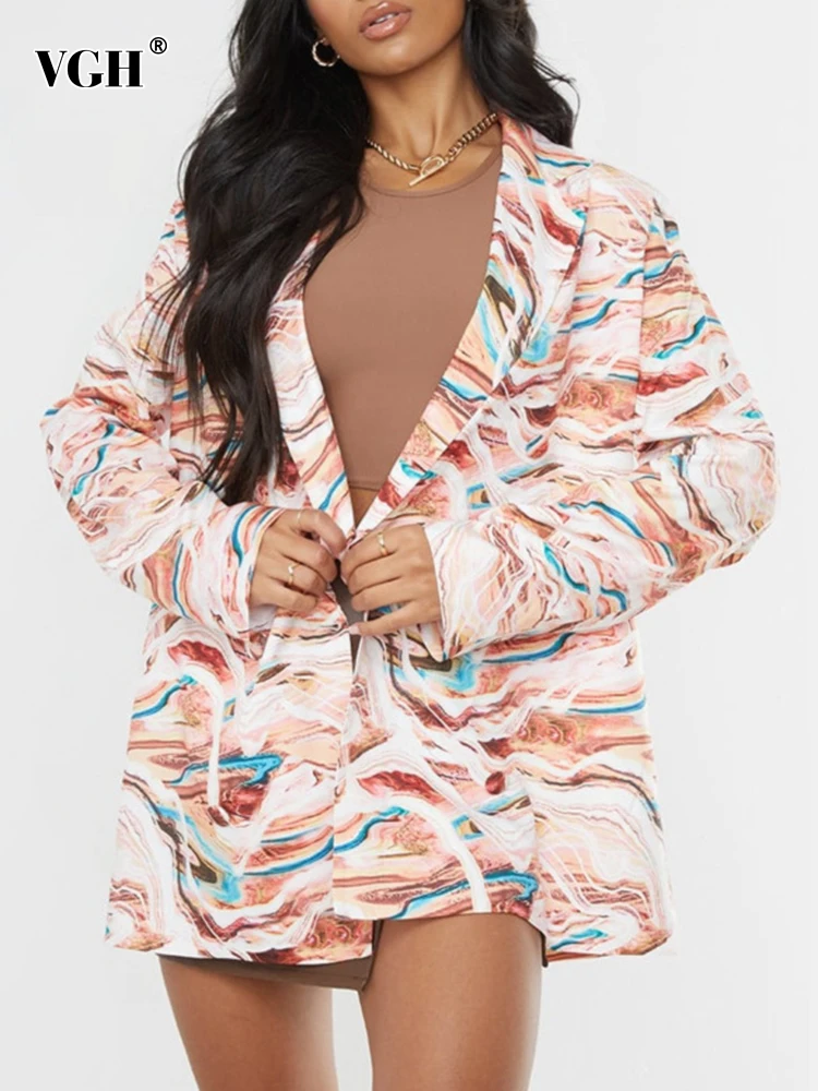 

VGH Print Hit Color Blazer Coats For Female Notched Collar Long Sleeve Single Breasted Loose Women's Coat Fashion Streetwear New