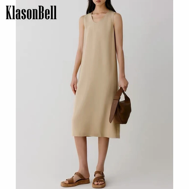 6.19 KlasonBell Fashion Round Neck Sleeveless Solid Color Silk Midi Dress Women