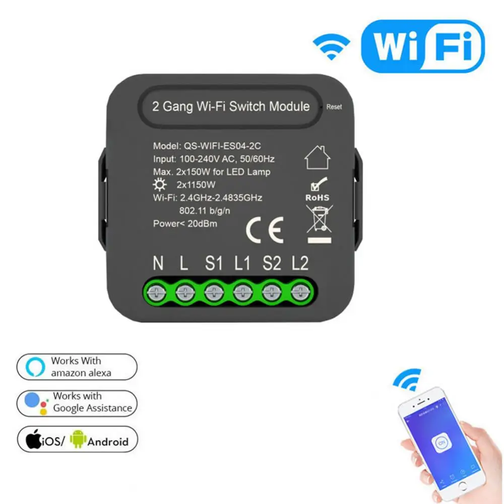 

Умный выключатель с управлением через приложение и поддержкой Wi-Fi, 1/2 клавиш