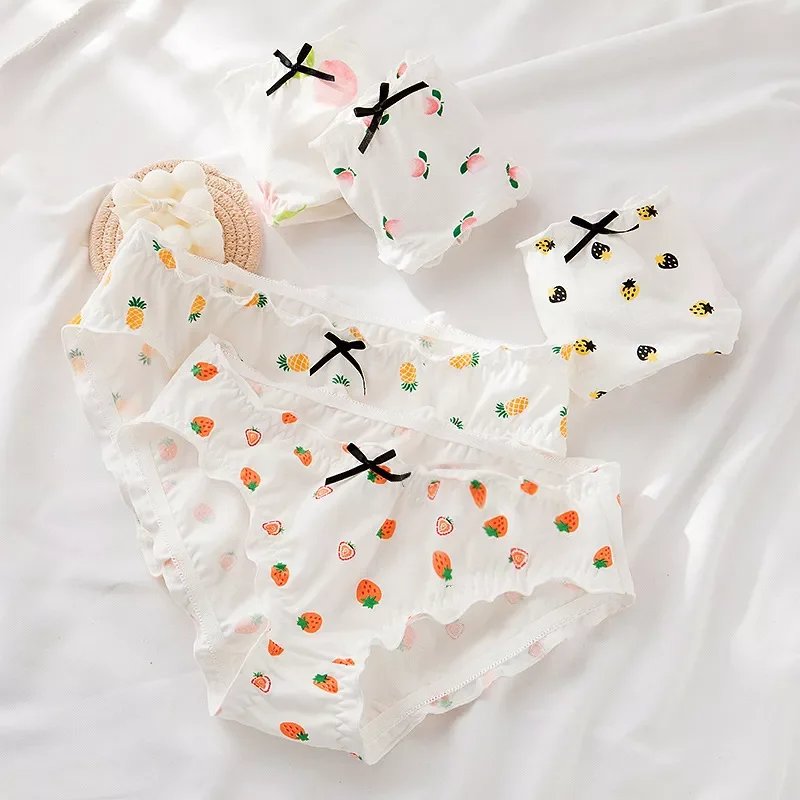 

Women's Panties Cotton Antibacterial Mid Waist Briefs Sweet Printed Underwear Breathable Female Lingerie Underpants