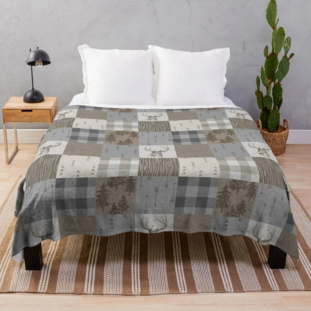 

Deer Patchwork - Rustic Neutrals Throw Blanket Giant Sofa Blanket
