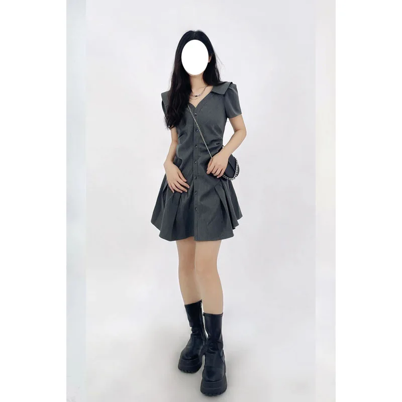 Женское однобортное офисное платье-поло черное ТРАПЕЦИЕВИДНОЕ плиссированное