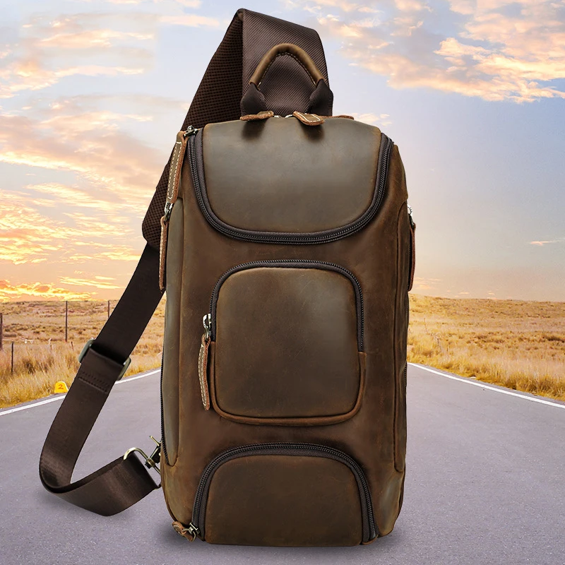 

Большая нагрудная сумка из кожи в стиле ретро, мужская кожаная сумка через плечо с отделением для головы, вместительная уличная кожаная сумочка crazy horse для верховой езды