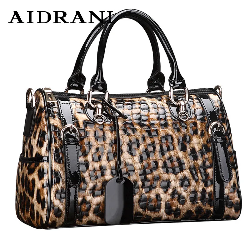 Advanced high-feeling Boston pure cow leather women's cow leather bag New bag Leopard pattern portable diagonal bag Large capaci