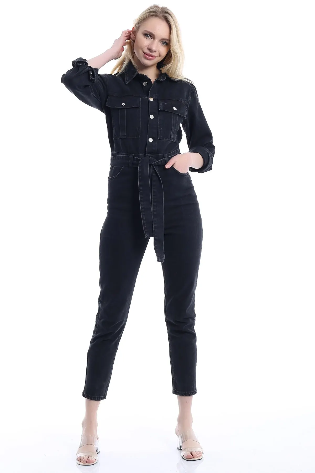 

Women's Overalls Black Metal Button Belt Mom Denim Hot Style Quality Fabric Sleeveless Baggy Trousers Casual Jumpsuit