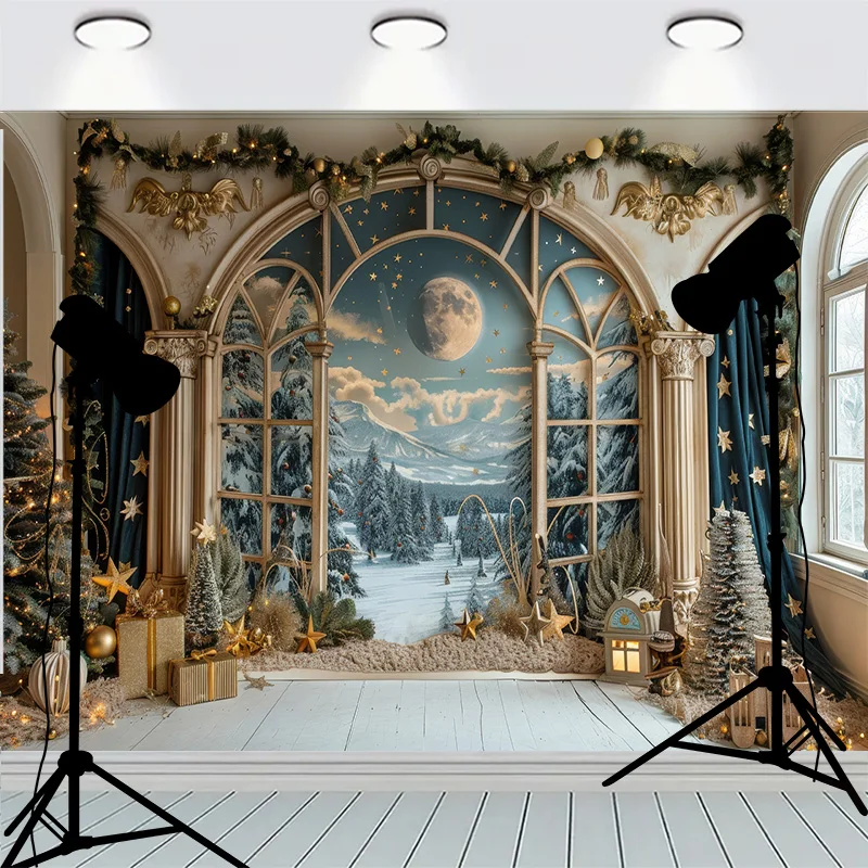 Wooden Floor Window Background Christmas Day Fireplace Living Room Decoration Family Party New Year Photography Backdrops AC-01
