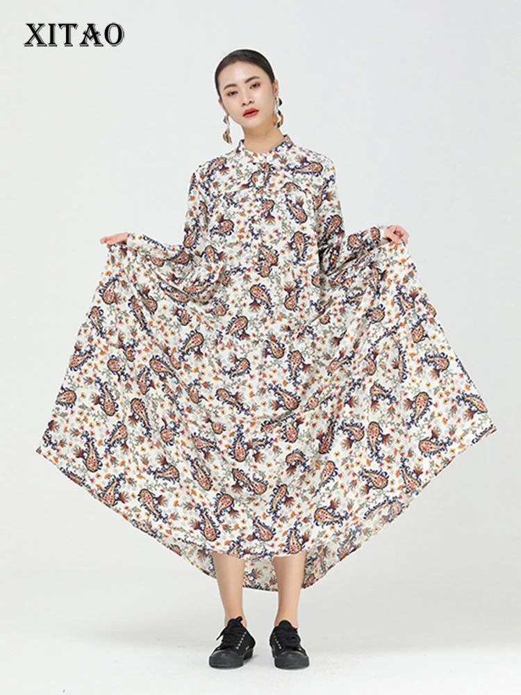 

XITAO New Vintage Print Dress Fashion Contrast Color Splicing O neck Collar Long Sleeve Loose Women Casual All-match ZY4677