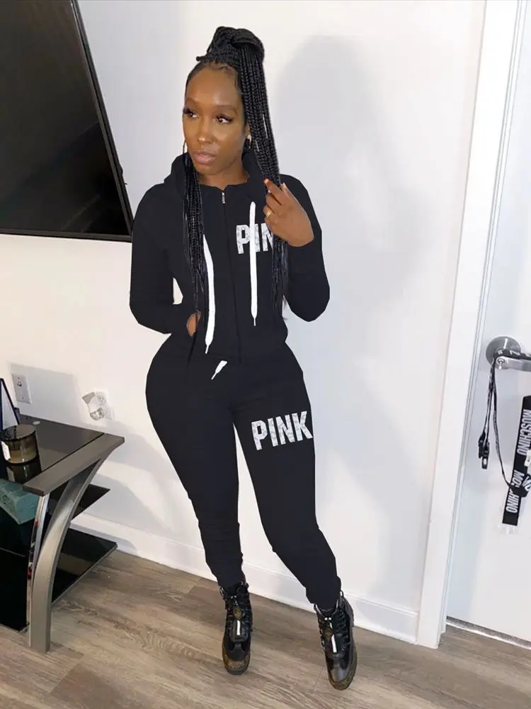

ZOOEFFBB Two Piece Set Women Tracksuit Pink Print Long Sleeve Hoodies and Pants Sweat Suits Fall Clothes Lounge Matching Sets