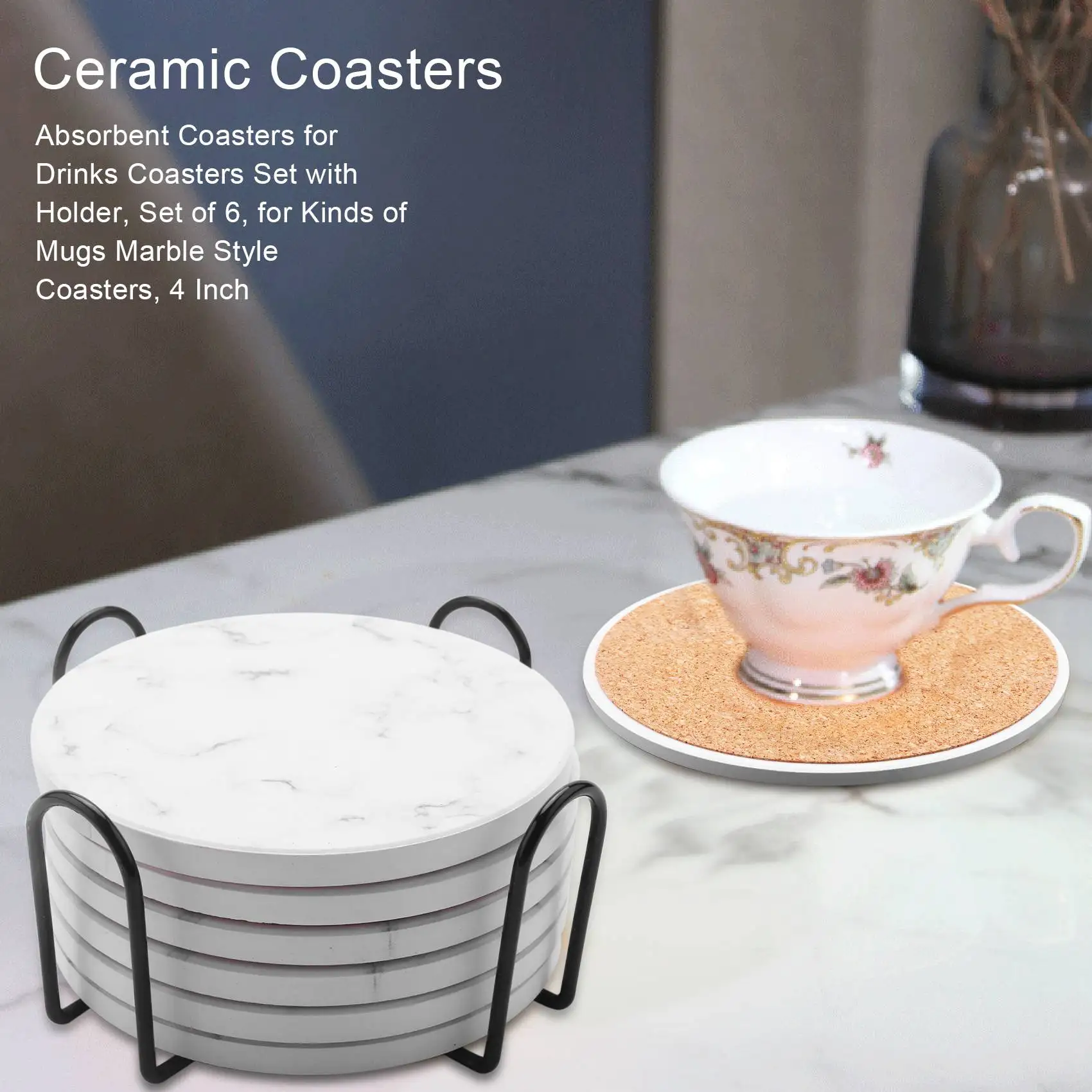 Absorbent Coasters for Drinks Coasters Set with Holder, Set of 6, for Kinds of Mugs Marble Style Coasters, 4 Inch