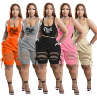 sporty shorts pants biker style female tracksuit ribbed letter print two piece set women skinny low neck tank tops casual
