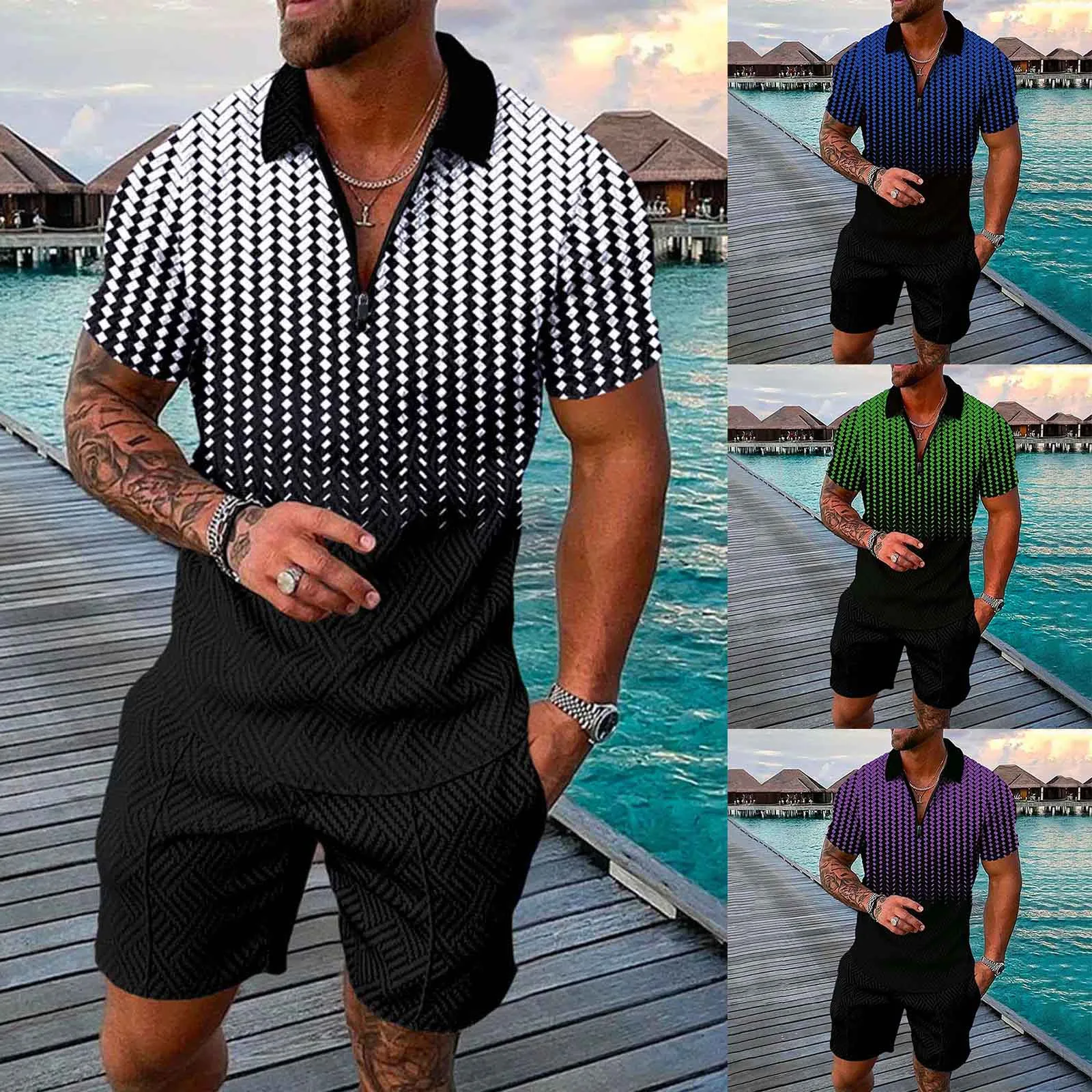 

Male Summer Casual Print Zipper Turn Down Collar Blouse Short Sleeve Tops Shirt Shorts Outfits Postman Blue Suit